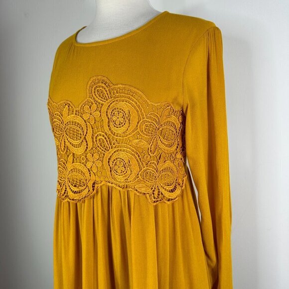 NWT Anthropologie Maeve Mustard Yellow Lace Detail Long Sleeve Dress - Picture 6 of 13